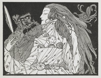 シンデレラ』の挿絵。手鏡に映った自分の姿を見ている女性。 作： Harry Clarke