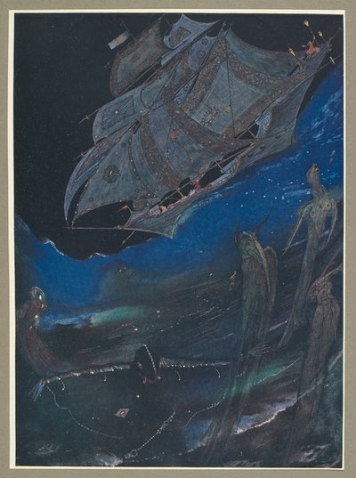 海上の船とその下にいる魚を描いたイラスト。 作： Harry Clarke