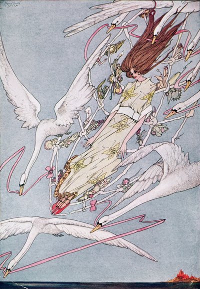 ハンス・クリスチャン・アンデルセンの『野生の白鳥』の挿絵「そして一日中、彼らは飛び立った」 作： Harry Clarke
