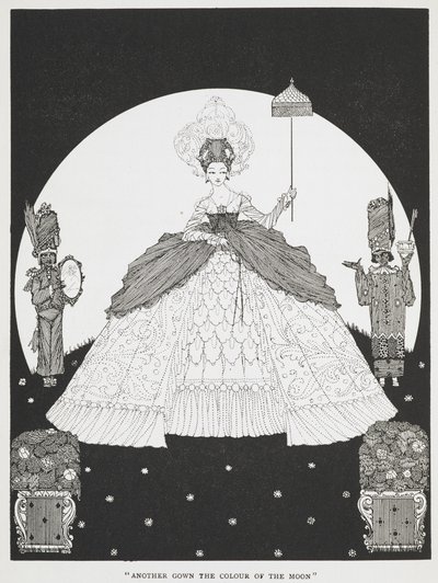 「月の色のガウン」。ロバの皮」の挿絵。日傘を差した美しい王女と、その両脇に立つ2人の召使い。 作： Harry Clarke