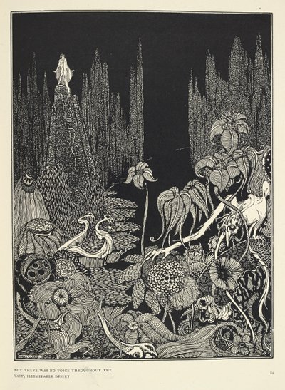 「しかし、広大な無限の砂漠に声はなかった。沈黙-寓話」の挿絵。 作： Harry Clarke
