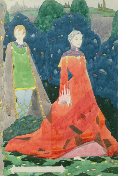 キャサリン伯爵夫人を示すジュネーブウィンドウのデザイン（紙にトイレ） 作： Harry Clarke