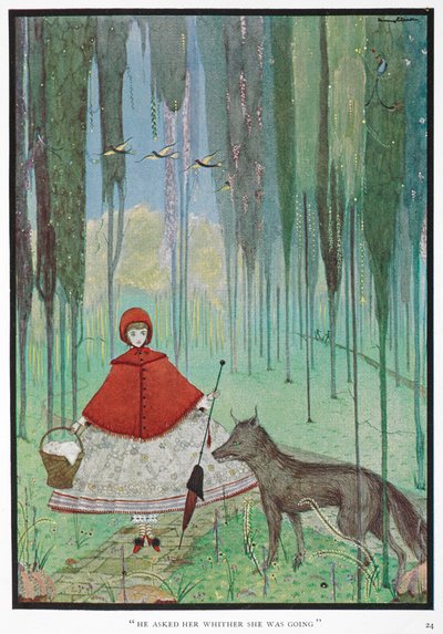"彼は彼女にどこへ行くのか尋ねた"赤ずきんは森で狼に出会う。 作： Harry Clarke