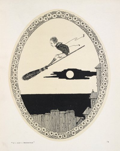 「ホウキがあれば」。パトリック・R・チャルマーズの詩の挿絵。
ほうきに乗った少年 作： Harry Clarke