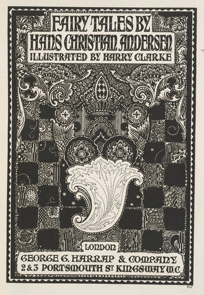 シンボルマークと四角で描かれたイラスト入りタイトルページ。 作： Harry Clarke