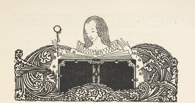 目次のページの上部に、本を読む女性のイラスト。 作： Harry Clarke