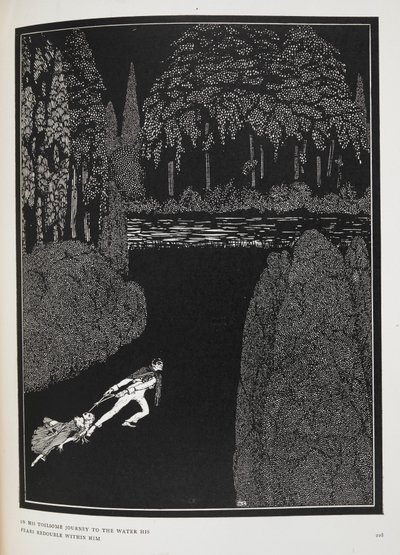 水への苦難の旅で、彼の恐怖は倍増した」。物語「マリー・ロジェの謎」の挿絵。 作： Harry Clarke