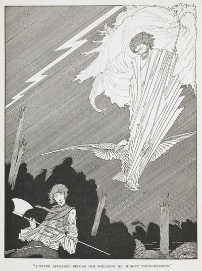 "ジュピターが強大な雷を振りかざして彼の前に現れた""馬鹿げた願い "のイラスト。 作： Harry Clarke