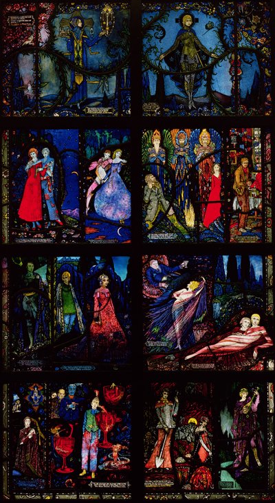 ジュネーブウィンドウ、初期のアイルランド文学、1929年のシーンを描いた8つのパネル 作： Harry Clarke