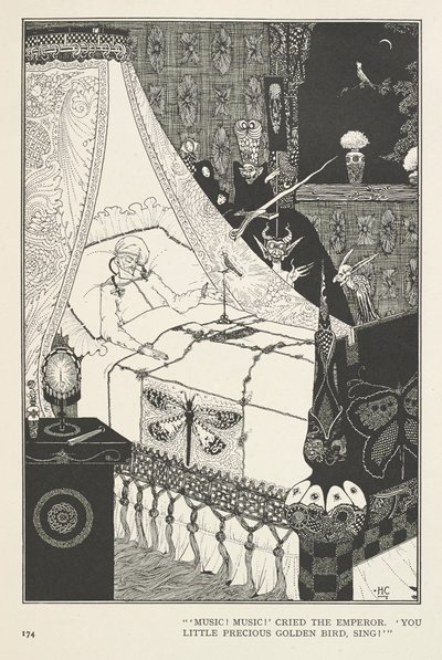 ナイチンゲール「音楽！音楽だ！」皇帝は叫んだ。「貴重な黄金の小鳥よ、歌え！」。 作： Harry Clarke