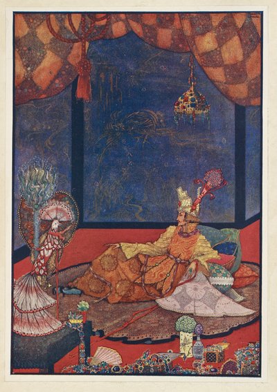 ナイチンゲールその人工の鳥は、皇帝のベッドに近い絹のクッションの上に置かれていた。 作： Harry Clarke