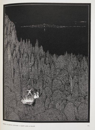 輝きと眩しさが上方に閃いた』。短編小説「金の虫」の挿絵。 作： Harry Clarke