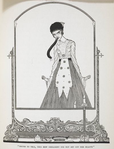 「実を言うと、この新しい装飾品は彼女の美しさを際立たせるものではなかった」。物語「馬鹿げた願い」の挿絵。 作： Harry Clarke
