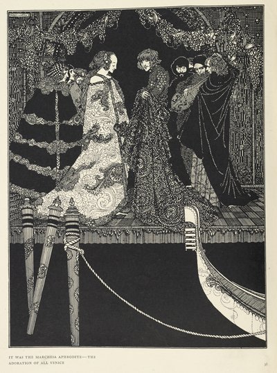 「ヴェネツィア中の憧れ、アフロディーテ侯爵夫人。物語の挿絵「割り当て」。 作： Harry Clarke