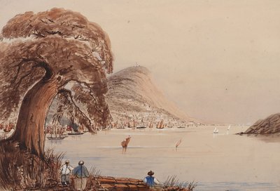 木と人物を前景にした海岸都市の眺め 作： Harry Edmond Edgell