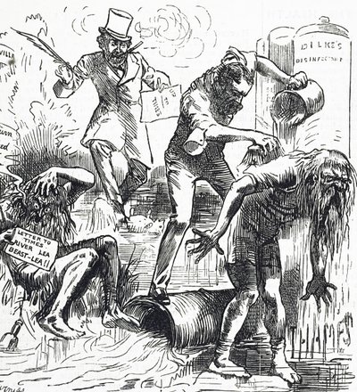 不潔な状態のために攻撃されているテムズ川とリー川を描いた漫画 作： Harry Furniss