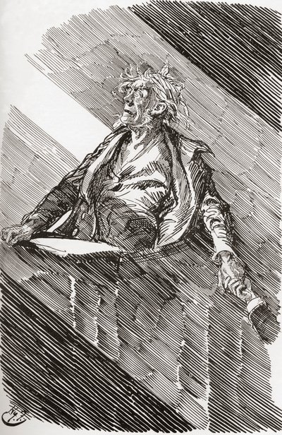 死刑判決を受けるマグウィッチ。 「法廷の大きな窓から、広い光の柱が差し込んできました。この光線の中ではっきりとした顔の斑点が一瞬浮かび上がり、囚人は言いました。「主よ、私は全能者から死刑判決を受けました。 作： Harry Furniss