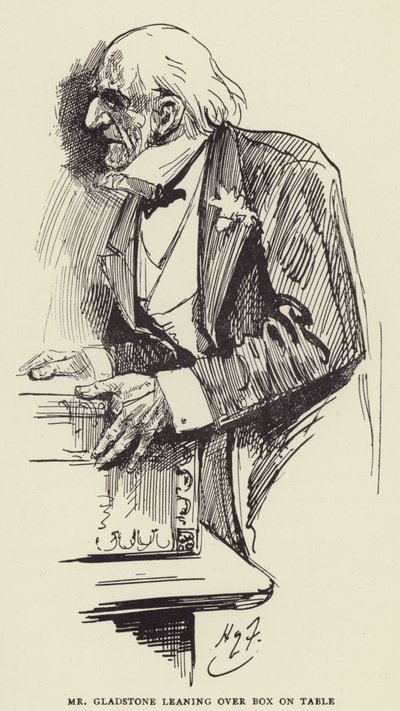テーブルの上のボックスにもたれてグラッドストン氏 作： Harry Furniss