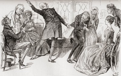 O Sr. Micawber Atinge a Queda de Heep. “O floreio triunfante com que o Sr. Micawber proferiu as palavras teve um efeito poderoso em alarmar a mãe, que gritou com muita agitação: “Ury! Ury! Seja humilde e faça um acordo, minha querida!" Illu 作： Harry Furniss