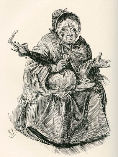 Sra. Gamp. Ilustração de Harry Furniss para o romance de Charles Dickens, Martin Chuzzlewit, da The Testimonial Edition, publicado em 1910. 作： Harry Furniss