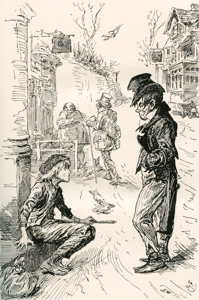 Oliver cai com The Artful Dodger. "Olá, meu bando, qual é a briga?" disse este estranho jovem cavalheiro para Oliver. "Estou com muita fome e cansado", respondeu Oliver; as lágrimas em seus olhos enquanto ele falava. "Eu andei um longo caminho. Eu andei 作： Harry Furniss