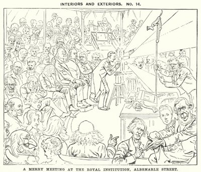パンチの漫画。A Merry Meeting at the Royal Institution, Albemarle Street, London (e.g. engraving) 作： Harry Furniss