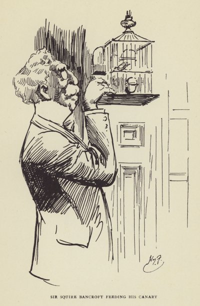 スクワイア・バンクロフト卿がカナリアに餌をやる 作： Harry Furniss