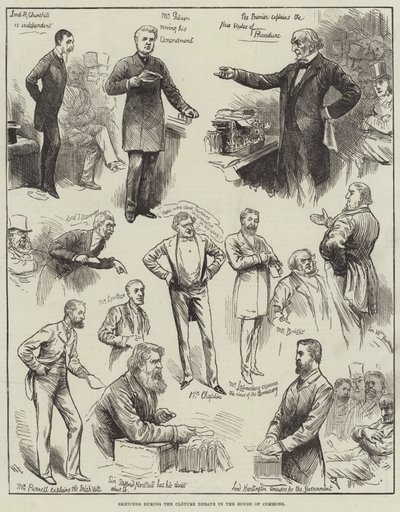 下院でのクローチャー討論中のスケッチ 作： Harry Furniss
