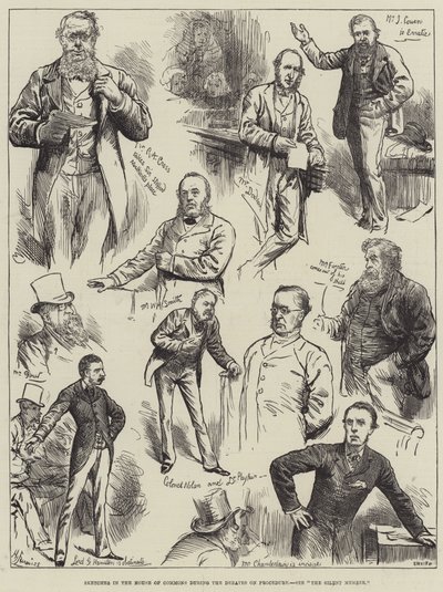 手続きに関する討論の最中に下院で行われたスケッチ 作： Harry Furniss
