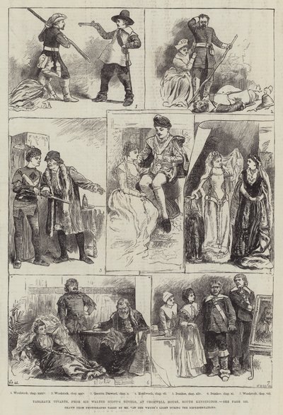 サウスケンジントンのクロムウェルハウスにあるウォルタースコットの小説のタブローヴィヴァンツ 作： Harry Furniss