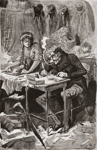 Kerjäävä kirjeen kirjoittaja. Harry Furnissin kuvitus Charles Dickensin romaanille Great Expectations, The Testimonial Edition -julkaisusta, joka julkaistiin vuonna 1910. 作： Harry Furniss