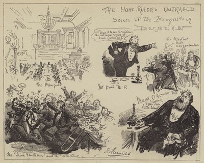 ホームルーラーズ怒り、ダブリンの宴会でのシーン 作： Harry Furniss