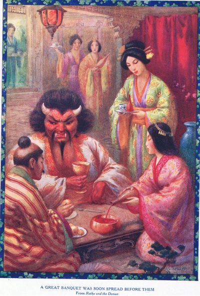 やがて彼らの前に大宴会が開かれた（『ライコウと悪魔』より）（リトグラフ） 作： ハリー・ジョージ・ティーカー