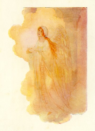 金色の光の中に現れるスリムで美しい女性（カラーリトグラフ） 作： Harry George Theaker