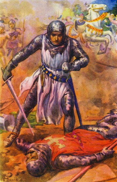 「激しい戦いの末、テンプル騎士団は敗北した」（カラーリトグラフ） 作： ハリー・ジョージ・ティーカー