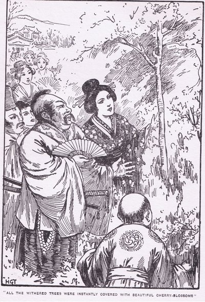 枯れ木はたちまち美しい桜の花で覆われた（『枯れ木に花を咲かせた老人』）（リトグラフ） 作： ハリー・ジョージ・ティーカー