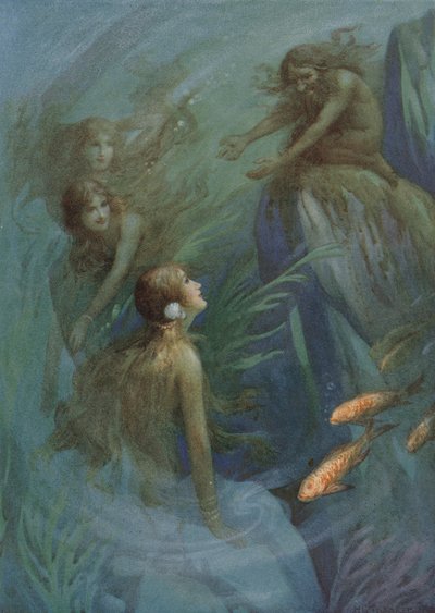 ラインの黄金』より「アンドヴァリとラインの乙女たち」（カラーリトグラフ） 作： Harry George Theaker