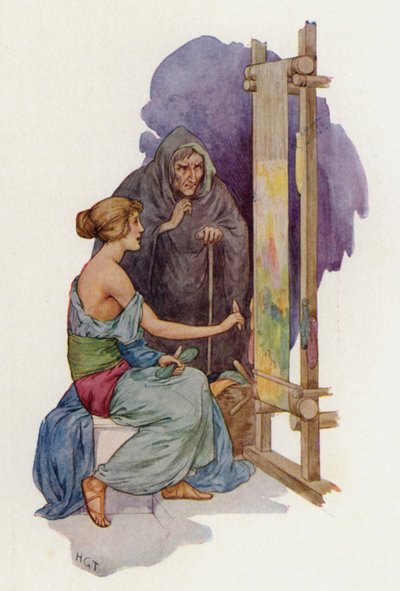 変装したミネルヴァによって蜘蛛にされようとするアラクネ（カラーリトグラフ） 作： Harry George Theaker