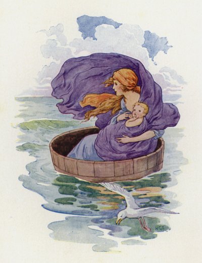 出航したダナエと小さな息子（カラーリトグラフ） 作： Harry George Theaker