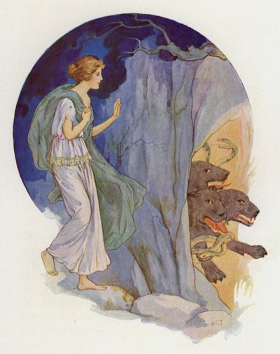 ケルベロス、3つの頭を持つ恐ろしい犬（カラーリトグラフ） 作： Harry George Theaker