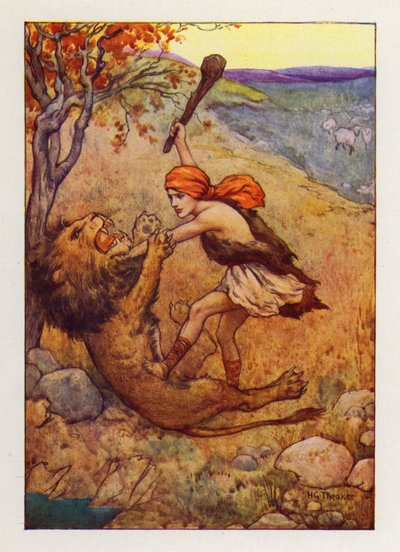 ダビデは大いなる獣を捕らえて殺した（カラーリトグラフ） 作： Harry George Theaker