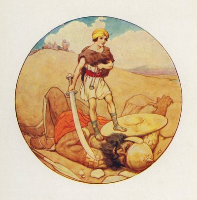 ダビデは巨人の剣を奪い、ゴリアテの首を切り落とした（カラーリトグラフ） 作： Harry George Theaker