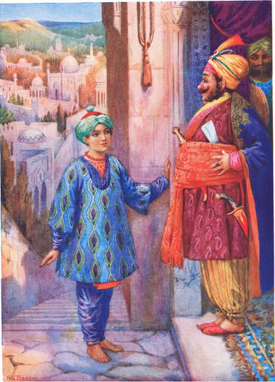 彼は大宰相に謁見を求めた。1930年代頃、「Childrens Stories from Indian Legends」の挿絵「足音が見える少年」より（カラーリトグラフ）。 作： Harry George Theaker