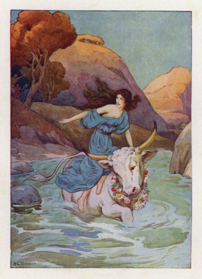 ユピテルは海に飛び込み、泳ぎ去った（カラーリトグラフ） 作： Harry George Theaker