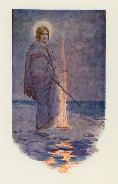 岸辺に立つイエス（カラーリトグラフ） 作： Harry George Theaker