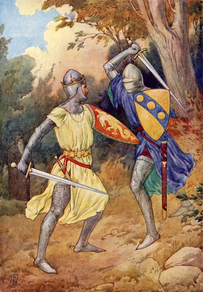 見知らぬ騎士と戦うアーサー王（カラーリトグラフ） 作： Harry George Theaker