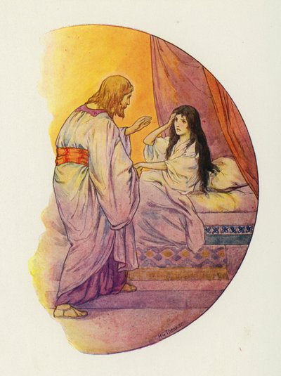 "少女よ、起きなさい "と言われた。(カラーリトグラフ) 作： Harry George Theaker