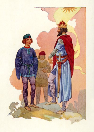 王の前に導かれたマーリン（カラーリトグラフ） 作： Harry George Theaker