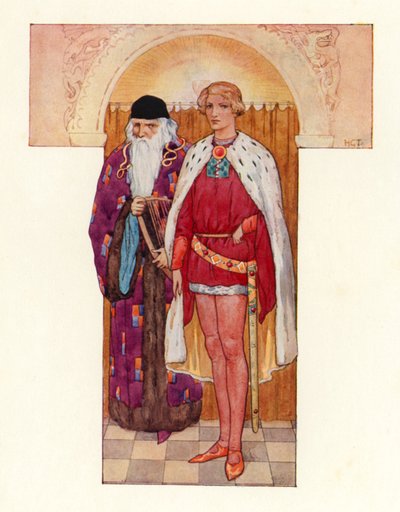 ガラハッドを従えるマーリン（カラーリトグラフ） 作： Harry George Theaker