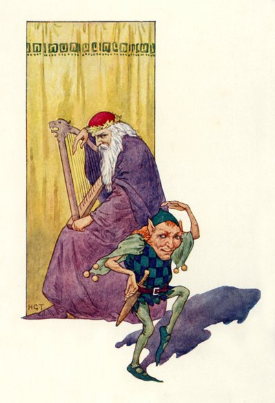 王をもてなす吟遊詩人と小人たち（カラーリトグラフ） 作： Harry George Theaker